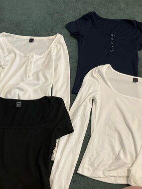 SHEIN Short Sleeve & Long Sleeve Scoop Neck Tops - White, Black, Navy